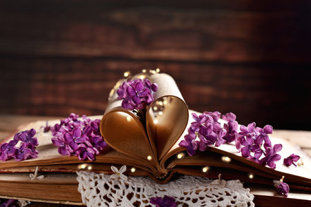 Beautiful wooden background with pages of old book formed in heart shape and purple lilac blossomsの写真素材