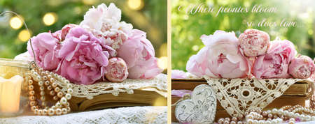 Vintage style banner with pink peonies lying on old books in the gardenの写真素材