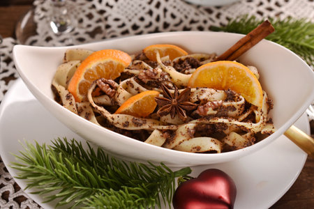 Traditional Polish dessert for Christmas noodle with poppy seedsの写真素材