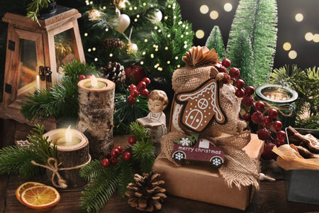 Christmas still life with paper wrapped gifts, fir branches, candles and lantern on wooden table in rustic styleの写真素材