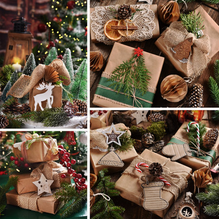 Collage with some awesome ideas of creative Christmas gifts wrapping in brown paper in rustic styleの写真素材