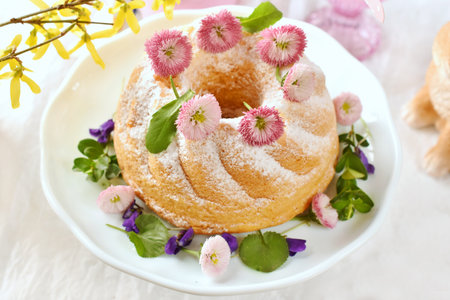 Easter ring cake sprinkled with powdered sugar with fresh daisy and violets decoration on festive tableの写真素材