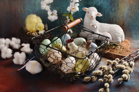 Easter decorations-a hen figurine and eggs in wire basket , lambs and chicken on grunge backgroundの写真素材