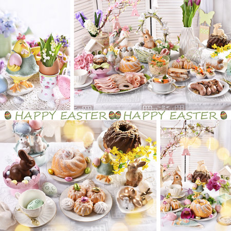 Easter collage with traditional Polish dishes, pastries and decors in pastel colors on festive tableの写真素材