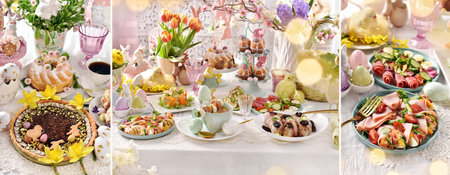 Easter banner with traditional Polish dishes-white borscht, sausage, eggs, salads and pastries on festive tableの写真素材