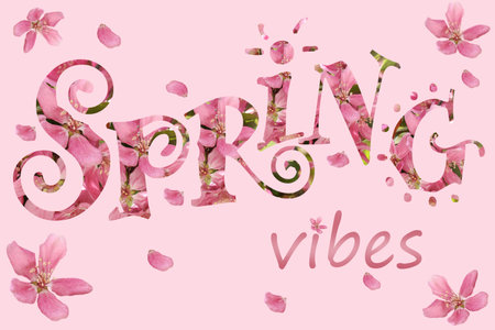 Spring vibes background with creative inscription cut out of pink blossom photo patternの写真素材