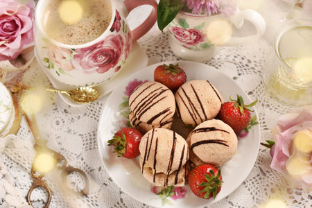 Top view of mini meringue cookies with cream and strawberries and cup of cappuccino on the table in vintage styleの写真素材