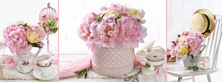 Beautiful banner with collage of 3 photos with a bunch of fresh pink peonies in shabby chic interiorの写真素材