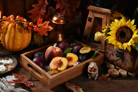 Vintage style autumn still life with seasonal fruits in the box on dark wooden table with decorsの写真素材