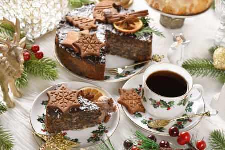 Christmas pastry called Japanese poppy seed cake decorated with gingerbread cookiesの写真素材