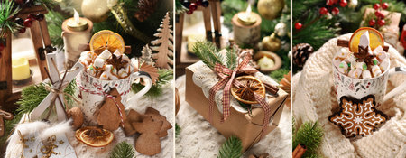 Cozy Christmas border with a mug of hot chocolate with marshmallows and caramel, gingerbread cookies and paper wrapped present on knitted sweaterの写真素材