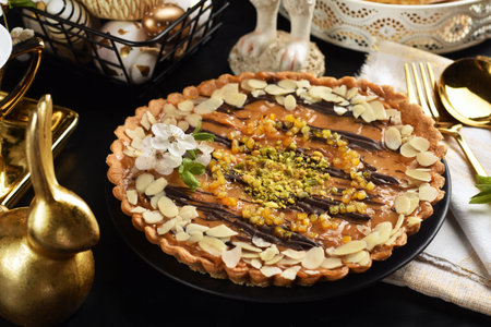 Easter caramel tart with almonds, pistachios and orange peels on black table with white and golden...