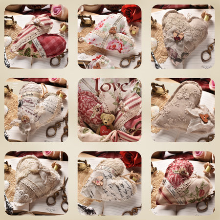 Valentine's collage with a collection of vintage style handmade hearts made of fabrics and lacesの写真素材