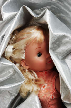 Small doll wrapped up in a silver fabricの写真素材