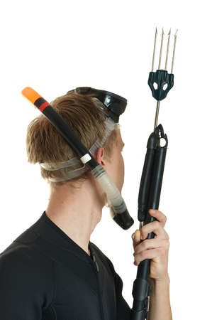 The man with a harpoon gun on a white backgroundの写真素材