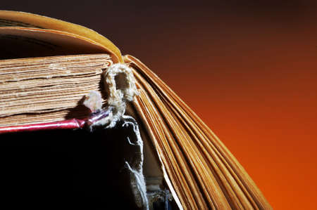 The opened old book on an orange backgroundの写真素材