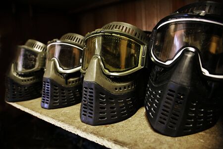 Old protective masks for game in paintballsの写真素材