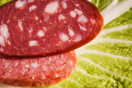 Fresh sausage on a leaf of green saladの写真素材