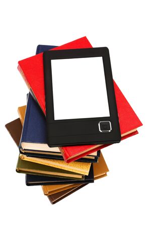 e-book and old books on a white backgroundの写真素材