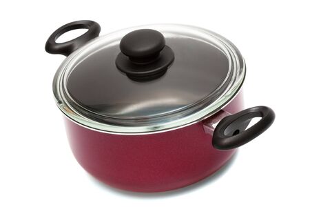 Modern red saucepan on a white background  