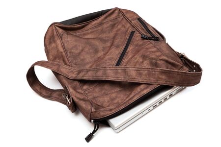 modern laptop in a bag on a white backgroundの写真素材