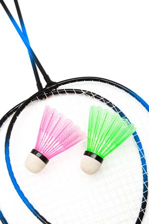 racket and shuttlecock badminton on a white backgroundの写真素材
