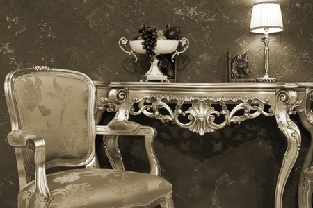 table with fruit in a fashionable apartmentの写真素材