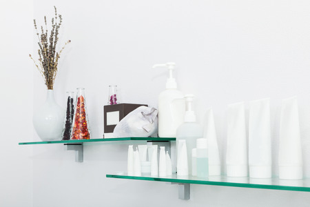 shelf with creams in the beauty salonの写真素材