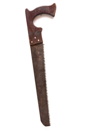 old saw against a white wallの写真素材