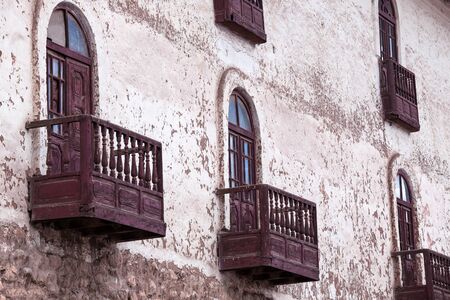 balcony with a view of the old buildingの写真素材