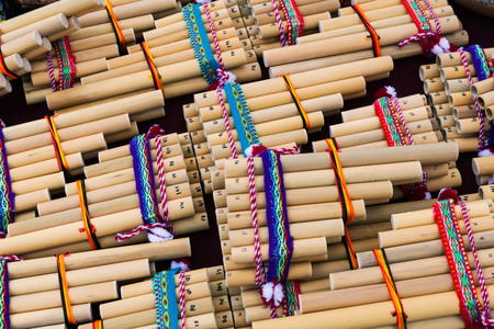 wooden pan flute on a street marketの写真素材