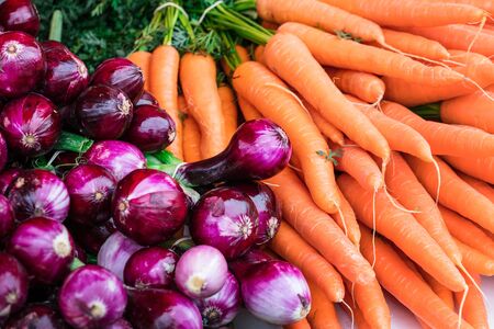 resh orange carrots and purple red onion on farmers marketの写真素材