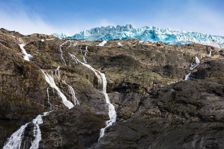 Briksdal glacier, waterfall, Olden, Norwayの写真素材