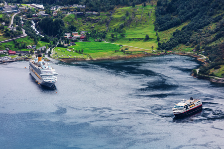beautiful view to Geiranger fjord with cruise shipの写真素材