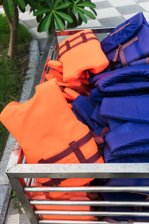 life jackets in a metal trolley