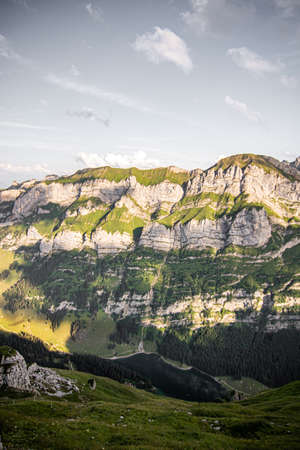 summer hikking in the swiss mountains, green grass and sunny day. Switzerlandの写真素材