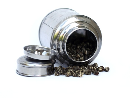 jasmine tea in a silver jar