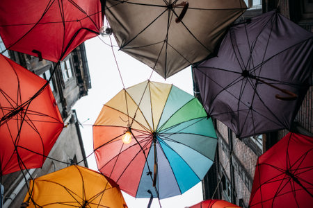 TURKEY, ISTANBUL, DECEMBER 14, 2018: Roof of colorful umbrellas on the street of Istanbulのeditorial素材