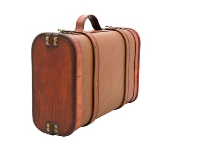 Small, leather and wooden vintage suitcase on isolated white background. Ready for a trip or storage.の写真素材