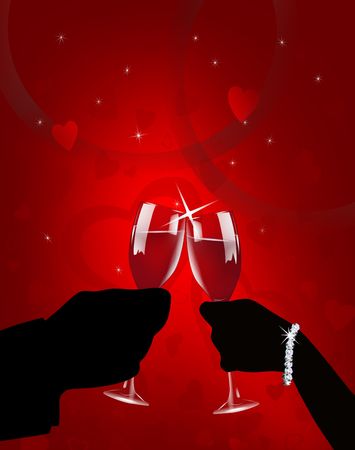 Illustration of sihoutted man and woman toasting on Valentine's Day with wine glasses on red background.の写真素材