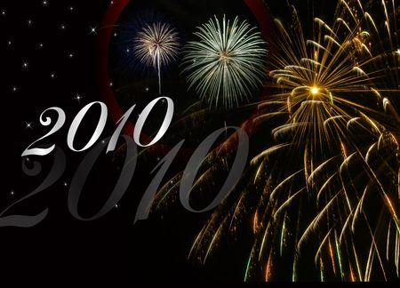 New Year's background for 2010 on black with fireworks display.
