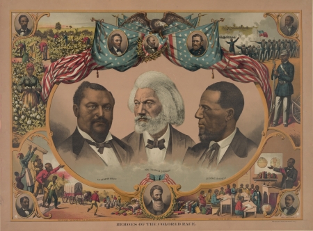 Heroes of the colored race -Head-and-shoulders portraits of Blanche Kelso Bruce, Frederick Douglass, and Hiram Rhoades Revels surrounded by scenes of African American life and portraits of Jno  R  Lynch, Abraham Lincoln, James A  Garfield, Ulysses S  Granのeditorial素材