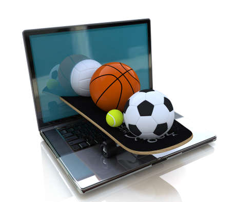 Laptop and sports ballsの写真素材