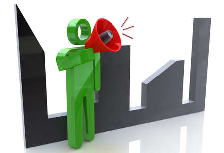 3d man character talking in a megaphone with cityscape on the backgroundの写真素材