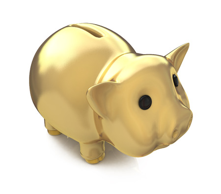 Financial, savings and business concept with a golden piggy bank or money box on white backgroundの写真素材