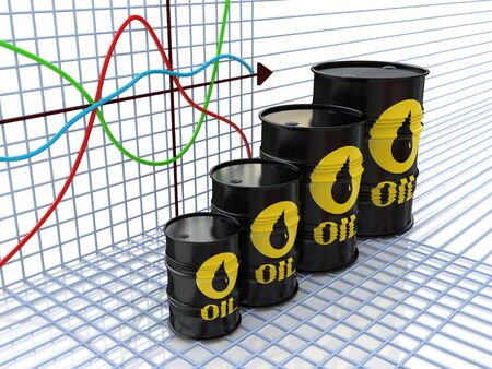 One row of oil barrels and a financial chart on background (3d render)の写真素材