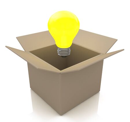 Opened cardboard box with lit light bulb, thinking outside the box concept in the design of information related to creativityの写真素材