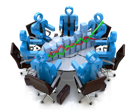 3d business people in a meeting at a round table and financial chart - diagram in the design of information related to communications in businessの写真素材