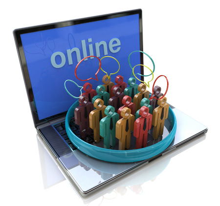Online meeting. People talk meet in a social media network speech bubble for the design of information related to communicationの写真素材