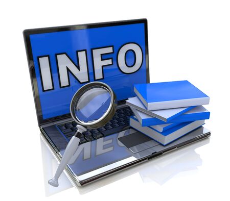 A computer laptop is isolated on a white background with a magnifying glass searching information the internet in the design of the information related to the Internetの写真素材